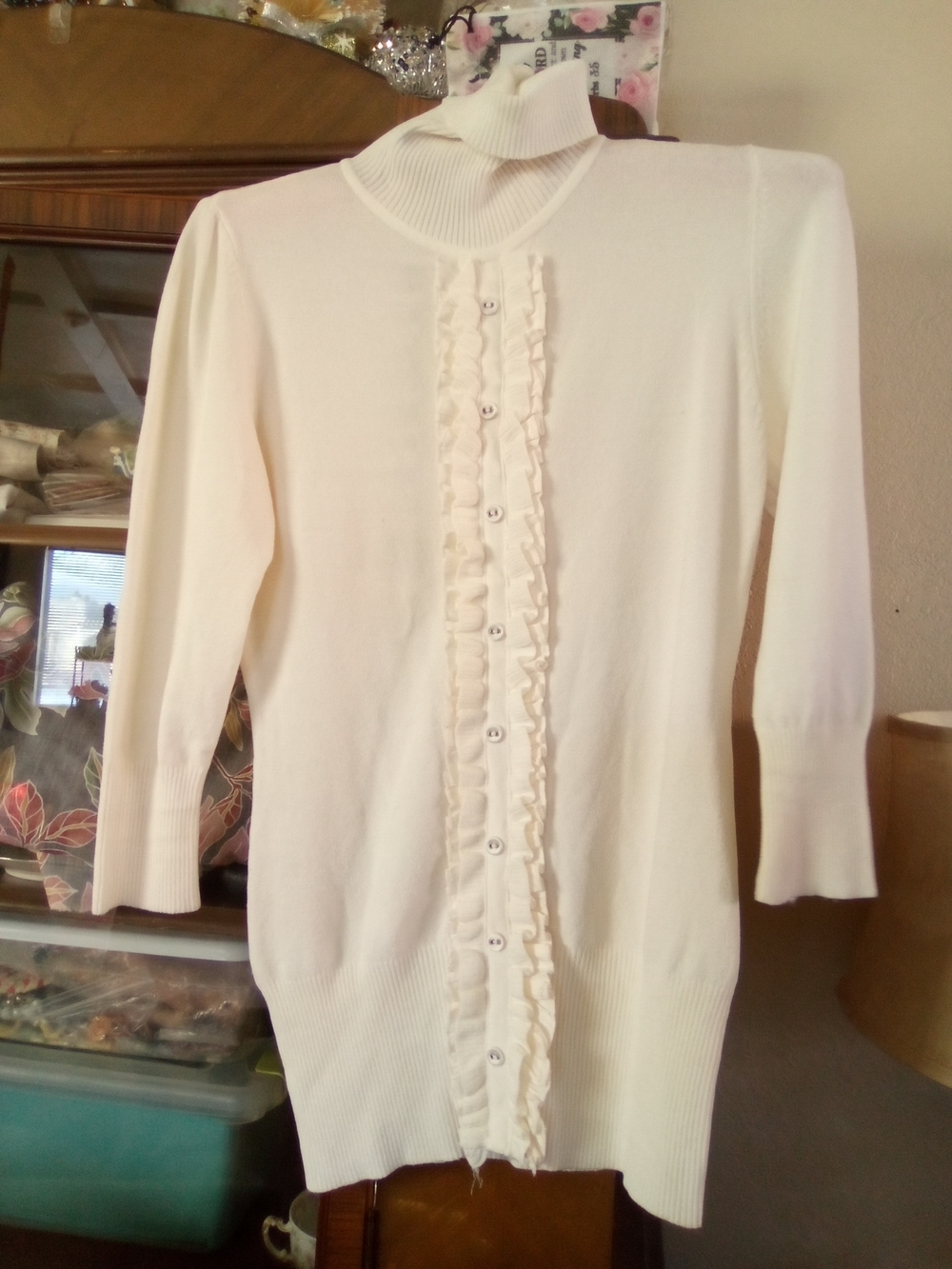 bebe White Textured Knit Top with Button Detail